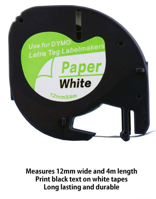 Dymo LetraTag Compatible Tape 91200 12mm x 4m Paper Black on White